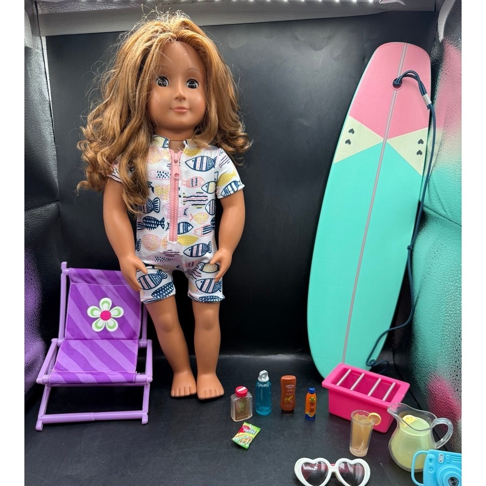 Our Generation 18 inch Doll with Surfboard and Beach Day Accessories Bundle